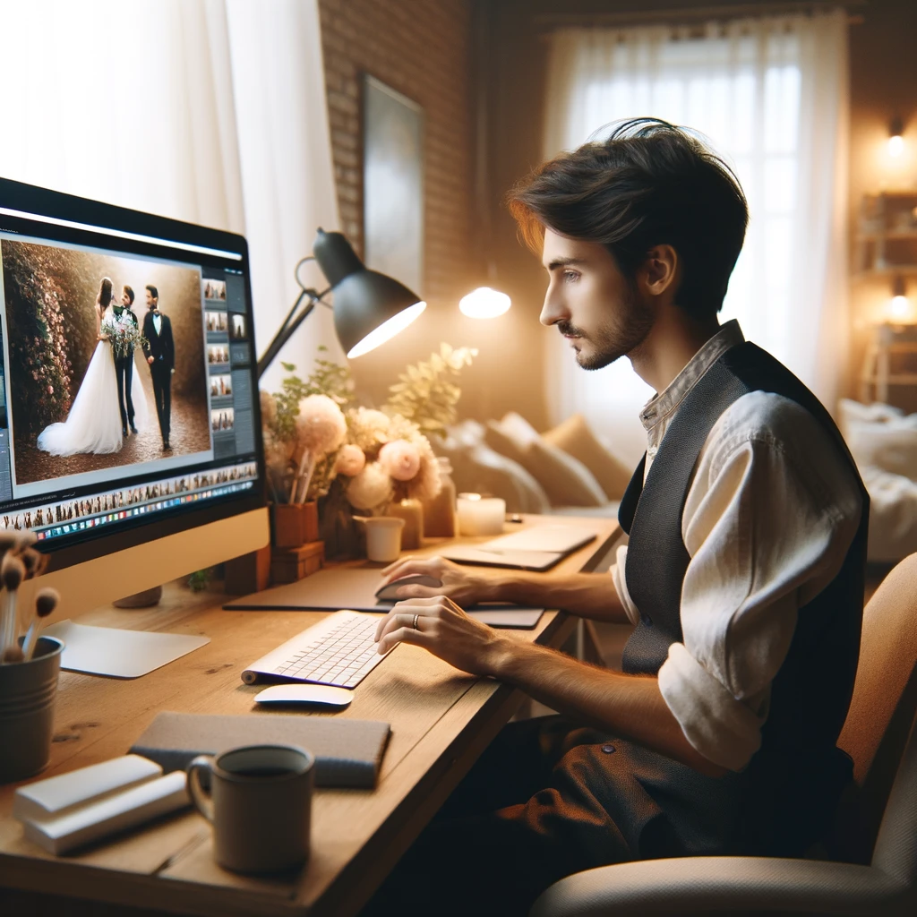 DALL·E 2024 04 17 16.02.06 A wedding photographer working at a computer in their studio. The person is focused sitting in front of a large monitor displaying wedding photos. Th