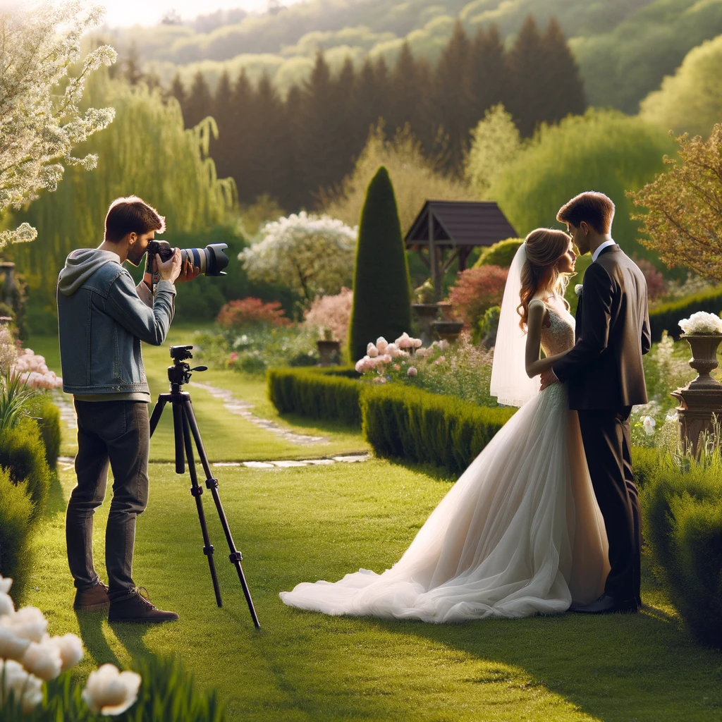 DALL·E 2025 10 19 10.38.11 A wedding photographer taking pictures of a newlywed couple during an outdoor photo session. The couple is standing close together in a romantic pose